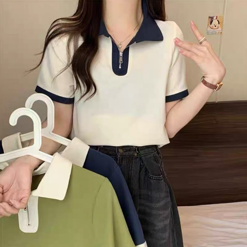 เสื้อคอปกผู้หญิง มีซิปรูด บล็อกสี สีพื้น สไตล์ลำลอง