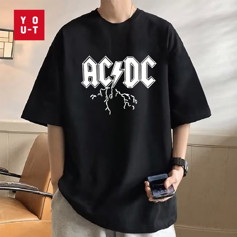 Y-T⚡เสื้อยืด oversize เสื้อยืดคอกลม สวมใส่สบาย ลาย “ACDC” วินเทจ ผ้าฝ้าย100% สกรีนลาย ไม่หดตัว แนวสตรีท