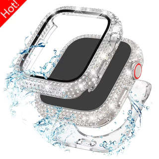 Diamond Full Coverage Tempered Glass Cover สําหรับ Apple Watch 10, 9, 8, 7, 6, SE ขนาด 40/41/42/44/45 มม. พร้อมขอบเพชร