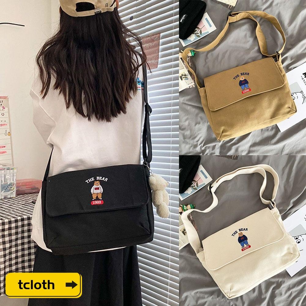 NOONOR กระเป๋า Messenger กระเป๋าสะพายนักเรียนย้อนยุคความจุขนาดใหญ่ผ้าใบหมีเย็บปักถักร้อยญี่ปุ่น Tote Bag ผู้หญิงผู้ชาย