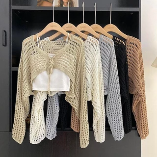 👚Anna👚 เสื้อครอปไหมพรม แขนยาว Hollow เสื้อคาร์ดิแกนถักผูก เสื้อคาร์ดิแกนถักสั้นสไตล์เกาหลี D652