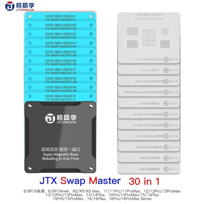 JTX SM-01 Swap Master Chip Reballing Fixture Platform สําหรับ IPhone 8-16PM Series เมนบอร์ด CPU ซ่อมชุดลายฉลุ
