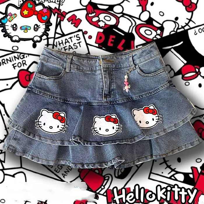 ต้นฉบับ Hello Kitty Y2K Millennium สาวเผ็ดคาวบอยกระโปรงสั้น A-line เค้กกระโปรงครึ่ง