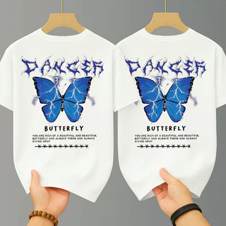 เสื้อยืดคู่รัก เสื้อยืดคอกลม-แขนสั้น ลายเท่ๆ oversize t shirt สกรีนลายหน้า-หลัง ลายผีเสื้อ สตรีทแฟชั่น สีดำ-สีขาว