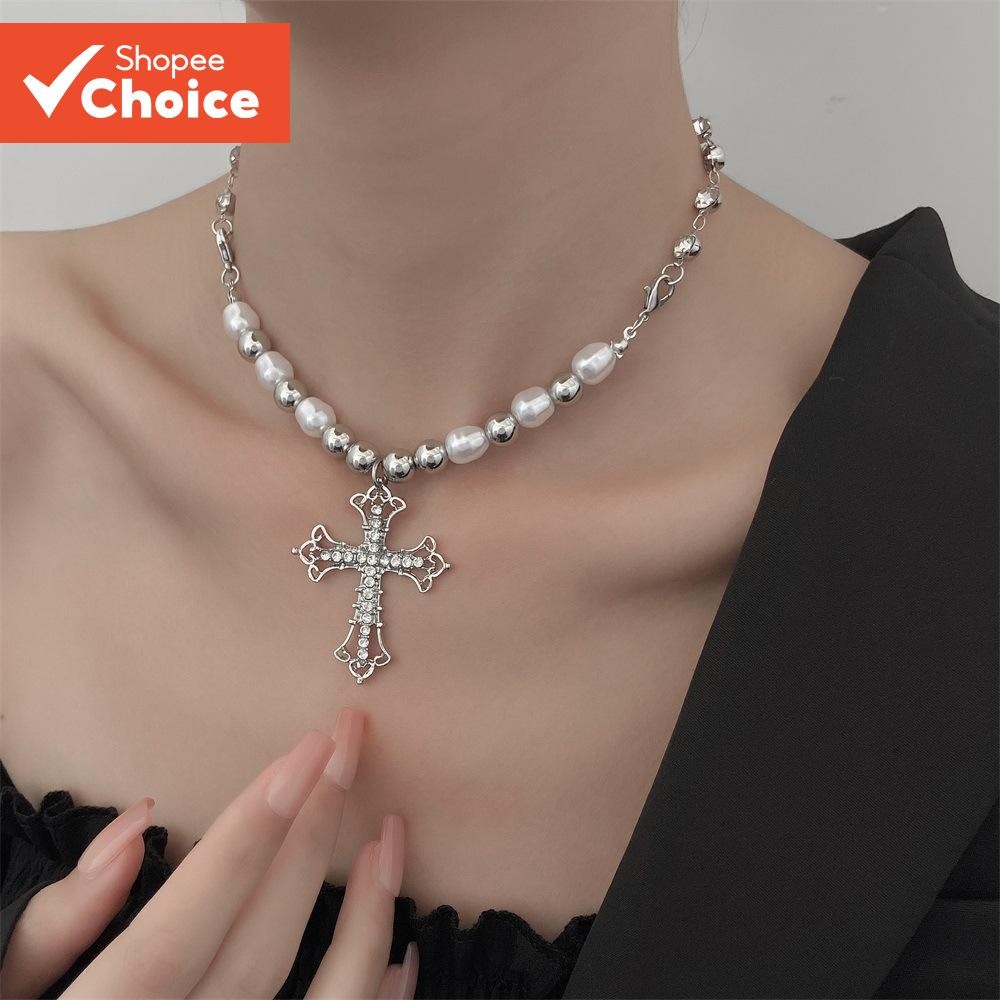 VMI Retro Cross Pearl สร้อยคอผู้หญิง– Dark Gothic จี้ Minimalist Hip Hop เครื่องประดับยุโรป Streetwe