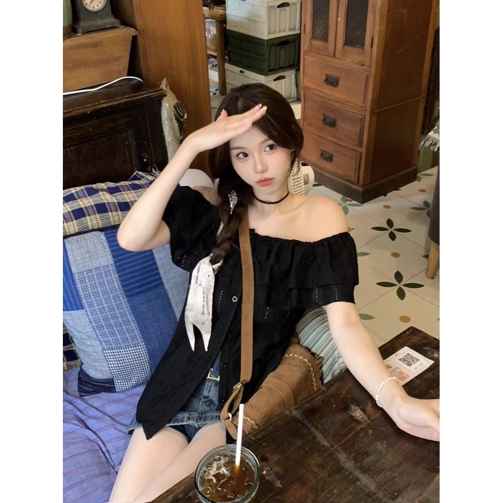 Veewink พร้อมส่ง🔥เสื้อท่อนบน เสื้อเบลาส์ผู้หญิง มีกระดุม แต่งระบาย สีพื้น สไตล์ลำลอง - รูปที่ 6