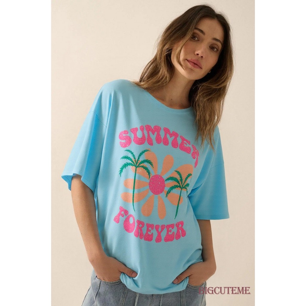 []-ผู้หญิง Ove size Loose T-shirt Short Sleeve Hawaii Style Tops Summer