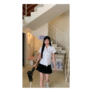 Sweet Polka Dot เสื้อเชิ้ตแขนสั้นผูกโบว์และดีเทลเย็บปักถักร้อย
