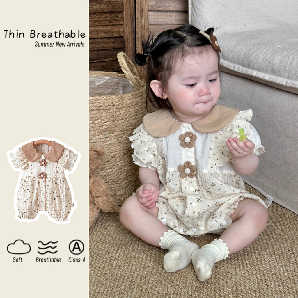 เสื้อผ้าเด็กคุณภาพสูงฤดูร้อนใหม่สาวบอดี้สูทแขนสั้น 0-24 เดือนน่ารักสุดน่ารักผ้าฝ้ายดอกไม้สไตล์เจ้าหญิง ชุดรอมเปอร์ ออกนอกบ้าน เสื้อผ้า