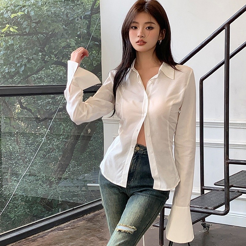 Suysuy พร้อมส่ง เสื้อเชิ้ต แขนยาว คอปก ชายแต่งเว้า รุ่นติดกระดุม มีสายผูกคาดหลัง มัดแล้วหุ่นสวยมาก ผ้าคอตตอน - รูปที่ 2