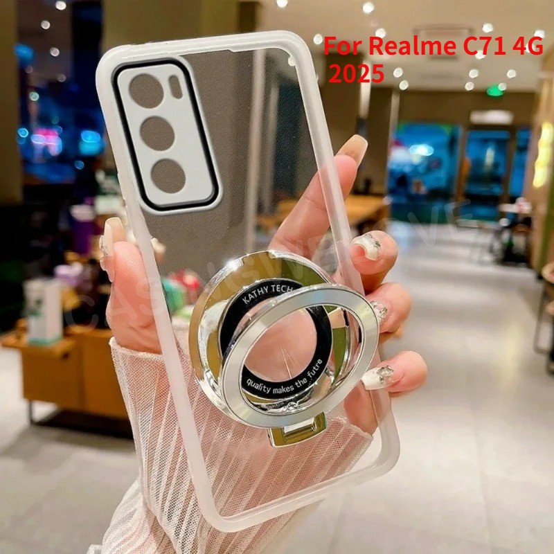 สําหรับRealme C71 RealmeC71 C75 C75X 14X C73 4G 5G 2025 เลนส์กล้องป้องกันแหวนผู้ถือเคสโทรศัพท์ที่มีสีสันTPUยืดหยุ่นชุบกันกระแทกขาตั้งแม่เหล็กปลอกปกป้องกลับCove