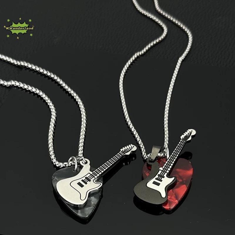 [WWanderland] Hip-hop Guitar Pick Pendant Necklace Punk Titanium Steel Guitar Chain Choker อินเทรนด์ Vintage [ใหม่]