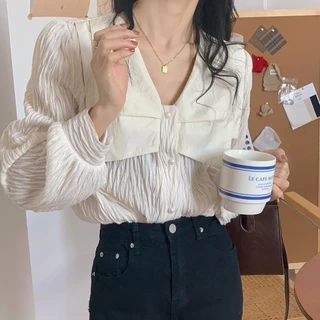 Chili Koko เสื้อเชิ้ตคอโบว์สองชั้นแขนยาวสไตล์ฝรั่งเศสสำหรับผู้หญิง แขนพอง เสื้อแฟชั่นผู้หญิง 99078