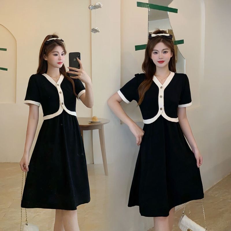 ชุดแฟชั่นผู้หญิงแขนสั้นเอวสูงสำหรับฤดูร้อน ขนาดใหญ่ กลิ่นหอม แบบมิดิ