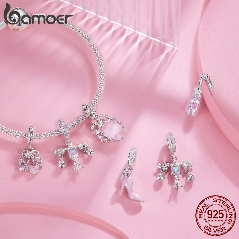 Bamoer تعليقة حذاء كعب بفيونكة وردية فضة 925 — صورة 3