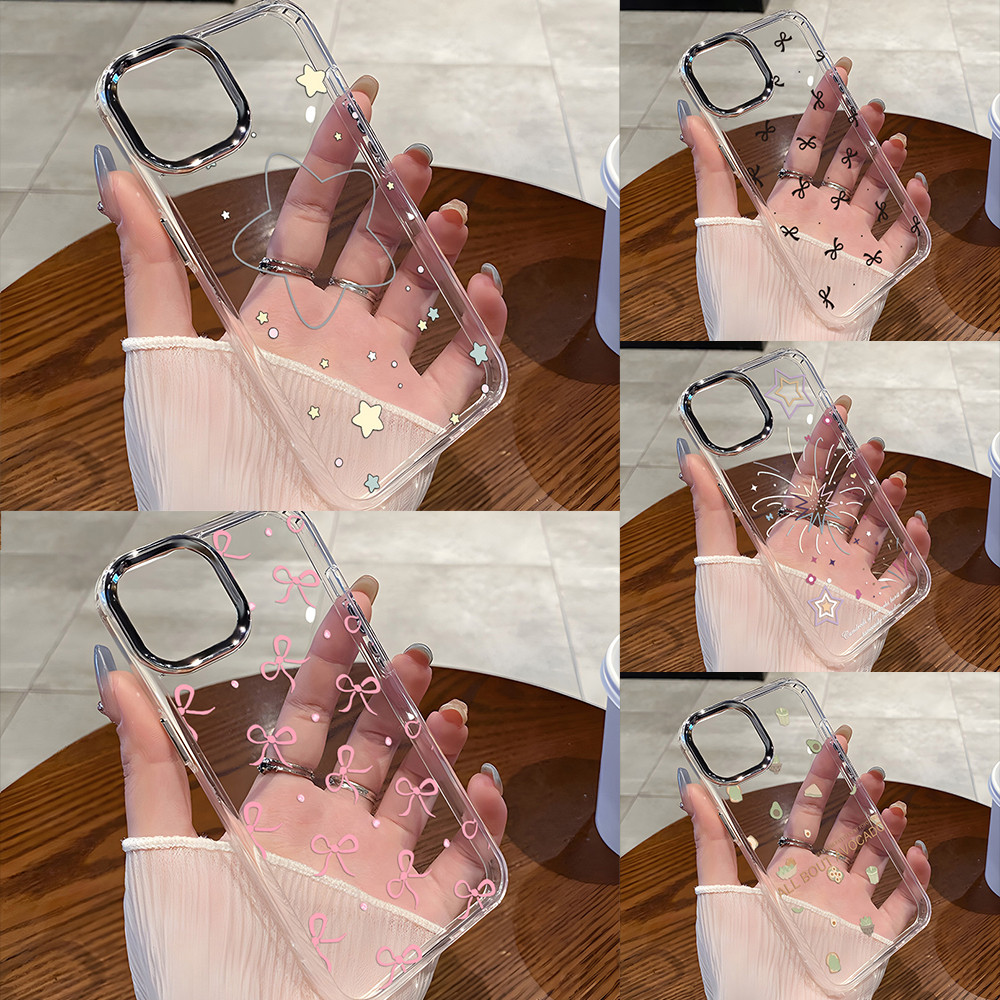 โบว์สีชมพู เคสโทรศัพท์กรอบโลหะใส For Samsung A06 A05 A16 A15 A12 A26 A36 A55 A56 A54 A52 A22 A73 S25 Ultra S24 S23 S22