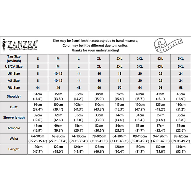 ZANZEA ซานเซีย ผู้หญิงแฟชั่นเกาหลีพัฟแขนรอบคอลูกไม้ข้อมือจีบชายเอวชุด — صورة 2