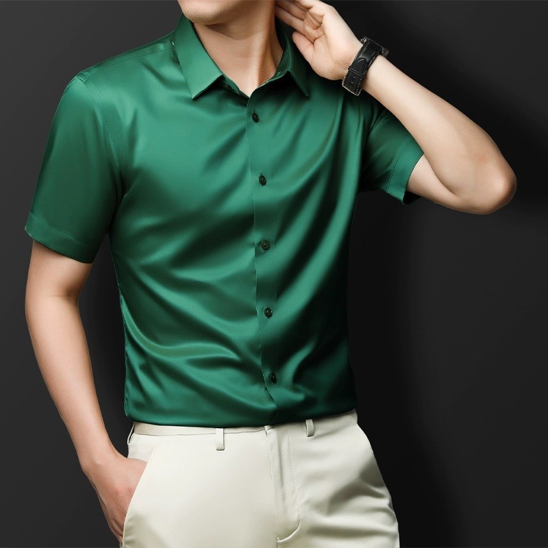 2025 เสื้อผ้าไหมน้ําแข็งสำหรับผู้ชาย - สีทึบ ทนต่อริ้วรอย และเนื้อผ้านุ่ม(ธุรกิจลำลองพรีเมียม)