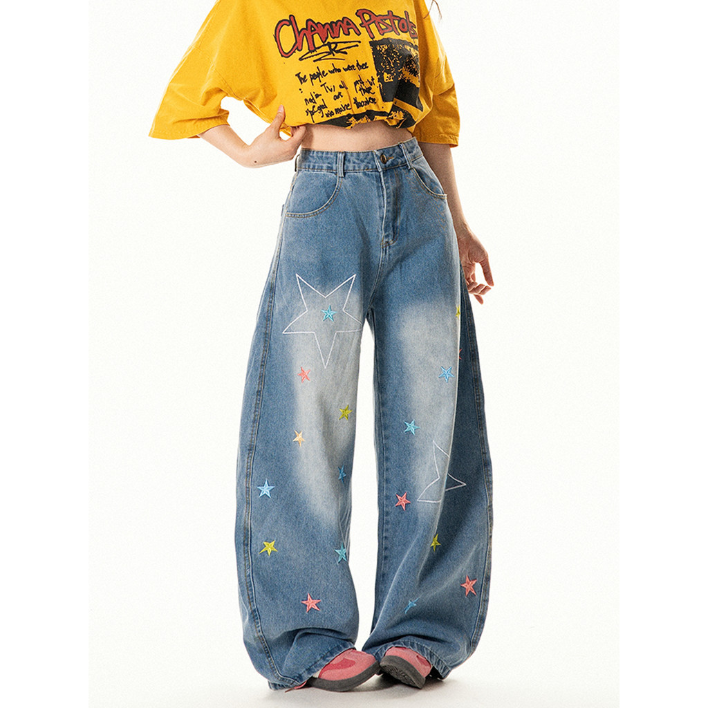 SUIKONE ซุยโคเนะ อเมริกันย้อนยุคเย็บปักถักร้อยหลวมขากว้างทุกข์กางเกงยีนส์สําหรับฤดูร้อนผู้ชายและผู้หญิง - รูปที่ 2