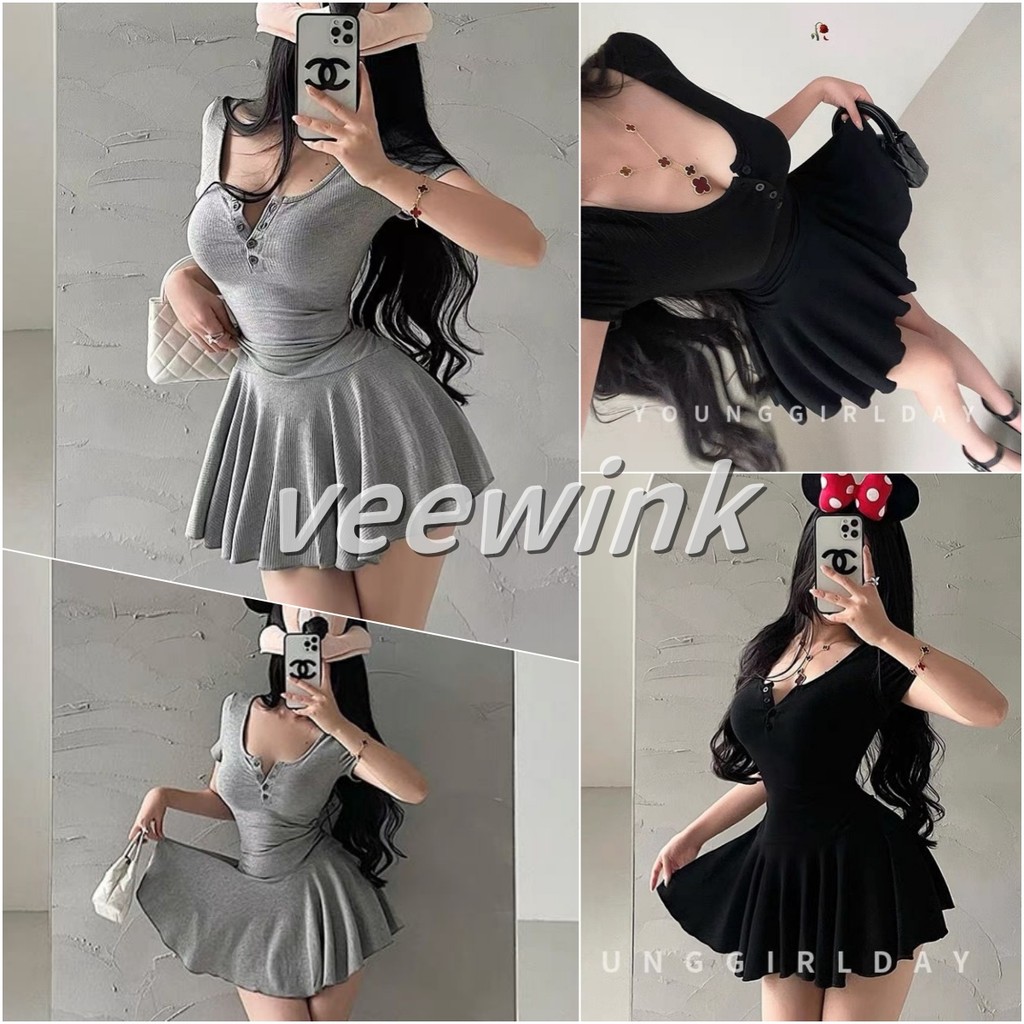 Veewink พร้อมส่งจากกทม มินิเดรสผู้หญิง ชุดเดรสแขนสั้นแฟชั่นผู้หญิง ชุดออกงาน ชุดเที่ยวทะเล คาเฟ่ เซ๊กซี่แฟชั่น