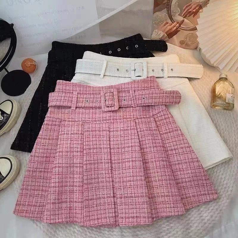 Laterme กระโปรงสั้นเอวสูง ผู้หญิง จัดเซ็ทเข็มขัด จีบรอบ แฟชั่นเสื้อผ้าเกาหลี