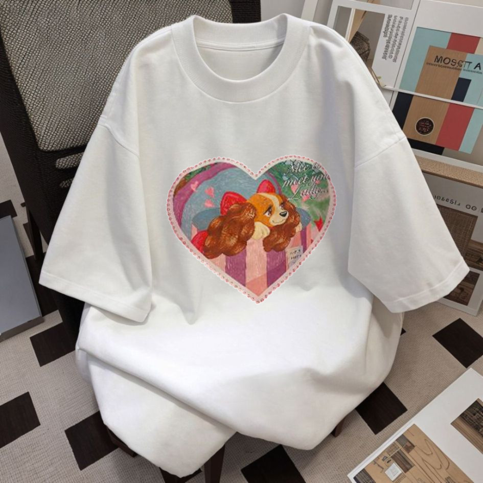 Basi💥 ผู้หญิง เสื้อยืด oversize เกรดพรีเมียม เสื้อคอตตอน100% ไม่หดตัว ใส่สบาย การ์ตูนน่ารัก ลาย "LOVE DOG"