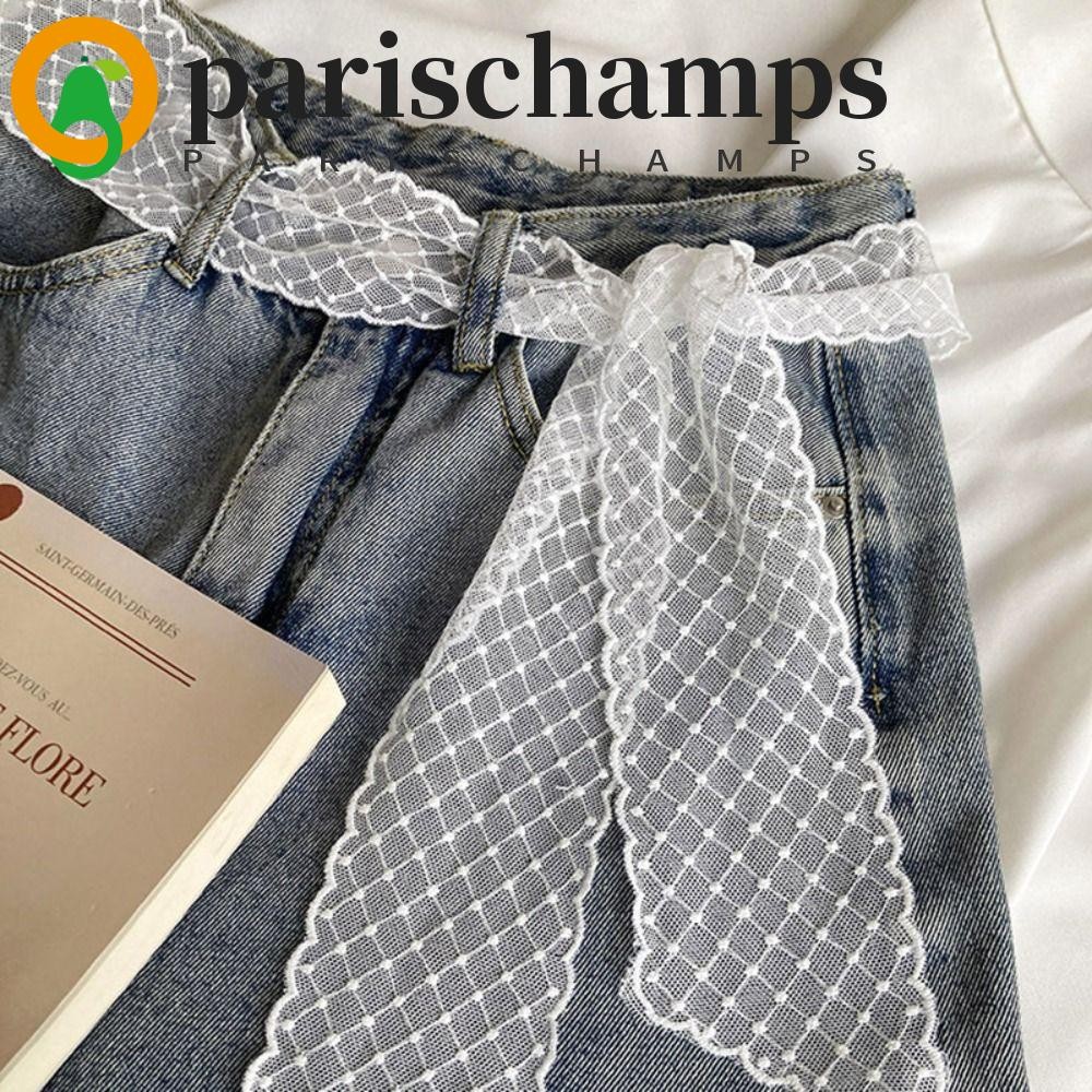 เข็มขัดคาดเอวลูกไม้ PARISCHAMPS, เข็มขัดคาดเอวผ้าโปร่ง Y2k หวาน, ชุดผูกโบว์ยาวเฉพาะเข็มขัดยีนส์ Streetwear