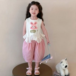 MooDeng Baby ชุดเสื้อ+กางเกง ลายกระต่ายฤดูร้อน ชุดเสื้อ+กางเกงเด็กผ้านิ่ม สวมใส่สบาย เสื้อกั๊ก เด็กหญิง