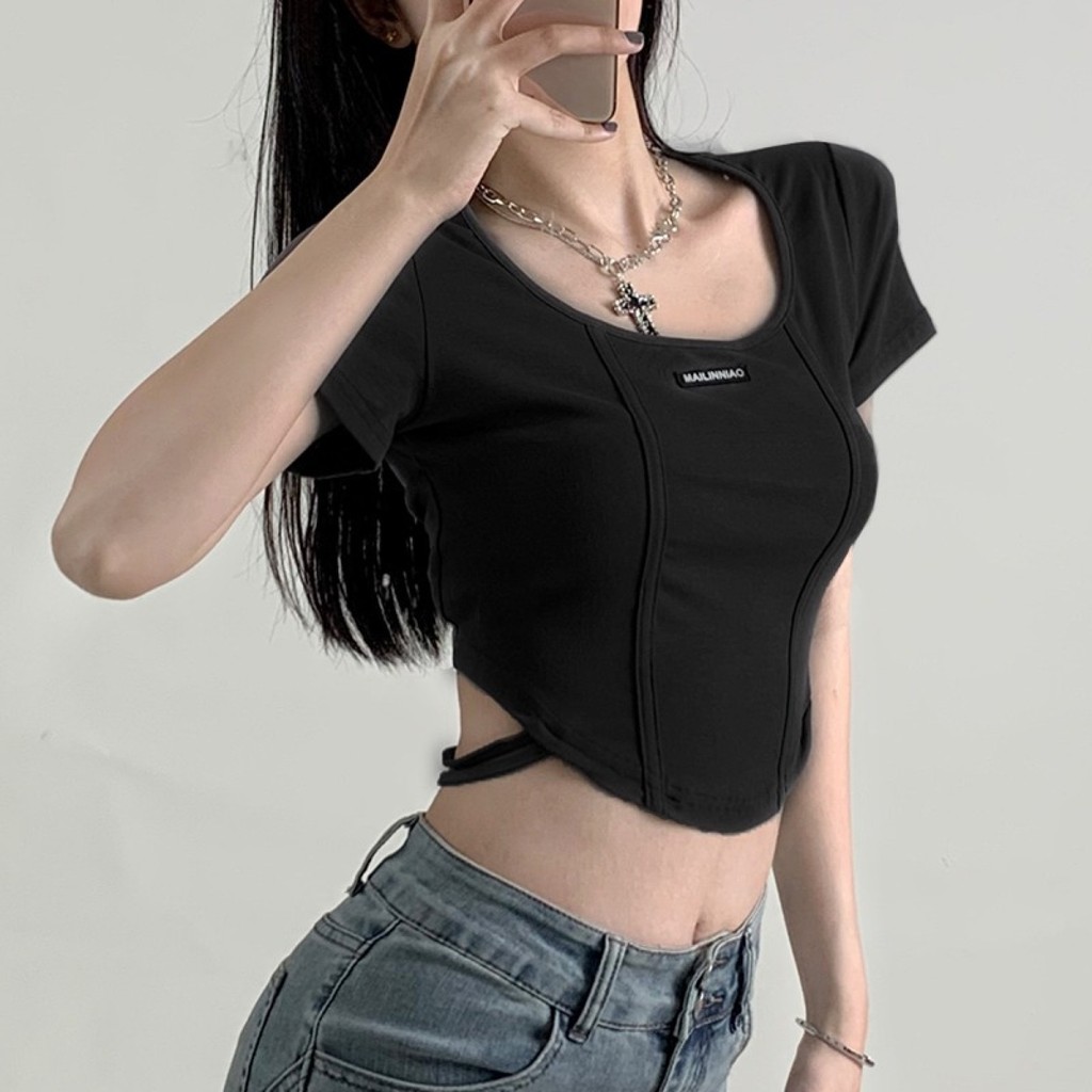 สไตล์อเมริกัน Retro Black Fish Embossed Collared เสื้อยืดแขนสั้นผู้หญิง s Summer Short Slim fit High