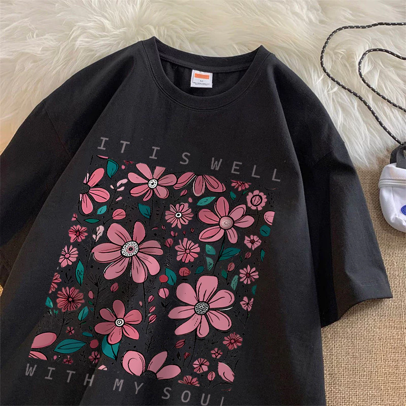 เสื้อยืดคอตตอน 100% ลายดอก แขนสั้นคอกลม สำหรับผู้หญิง thumbnail 3
