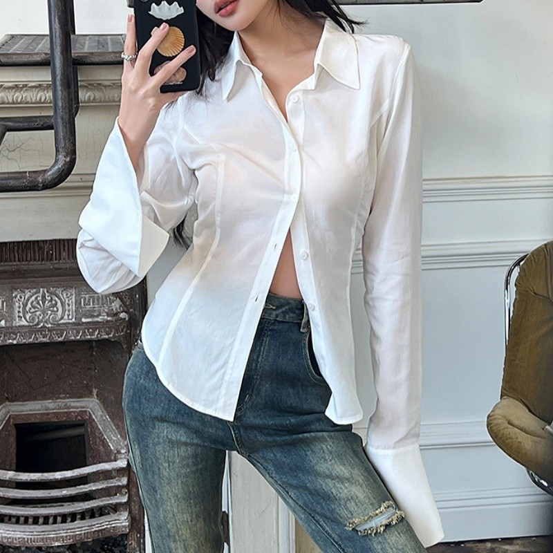 Suysuy พร้อมส่ง เสื้อเชิ้ต แขนยาว คอปก ชายแต่งเว้า รุ่นติดกระดุม มีสายผูกคาดหลัง มัดแล้วหุ่นสวยมาก ผ้าคอตตอน - รูปที่ 3