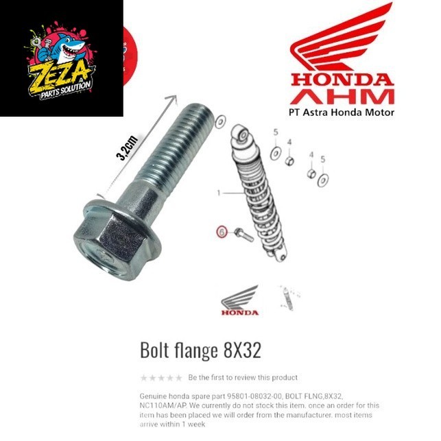 FLANGE BOLT M8 32 mm 95801-08032-00 REAR SHOCK BOLT HONDA PCX ADV VARIO. 3.2ซม. LONG SHOCKBLEKR BOLT