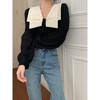 Chili Koko เสื้อเชิ้ตคอโบว์สองชั้นแขนยาวสไตล์ฝรั่งเศสสำหรับผู้หญิง แขนพอง เสื้อแฟชั่นผู้หญิง 99078