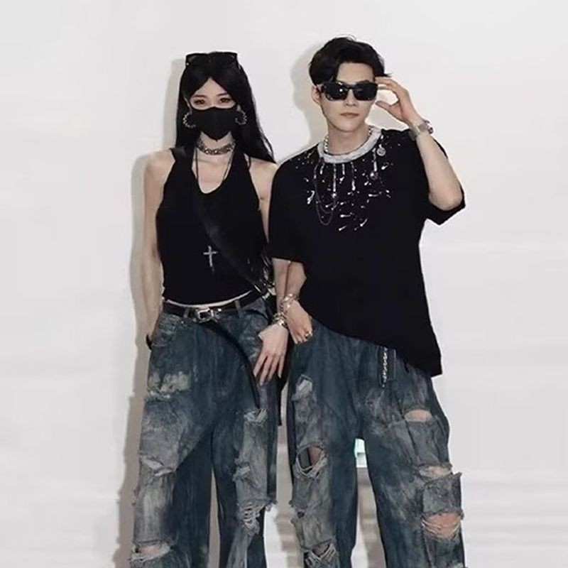 TIANLESIWEI แฟชั่นแบรนด์อินเทรนด์ฉีกกางเกงยีนส์ที่เดินทางมาพักผ่อนเด็กทารกและหญิงสาวฤดูร้อนใหม่หลวมลดน้ำหนักและทุกการจับคู่กางเกงขากว้างตรง - รูปที่ 3