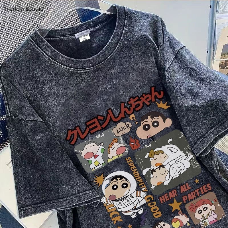 เสื้อฟอกวินเทผู้หญิงเท่ๆ มาใหม่ oversize 100%Cotton เสื้อโอเวอร์ไซซ์เกาหลีที่กําลังฮิต สกรีนลายการ์ตูนญี่ปุ่น ฮิปฮอป