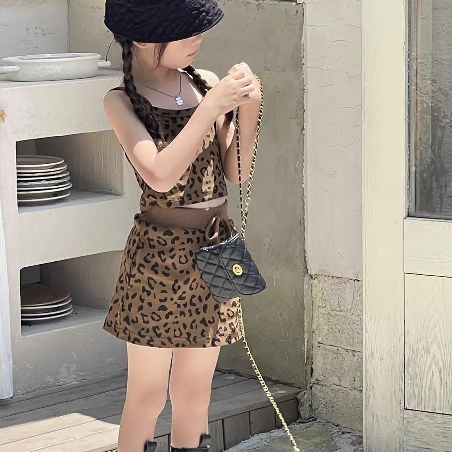 Girls Leopard Print Slim-fit Small Camisole Short Vest Short Skirt Suit