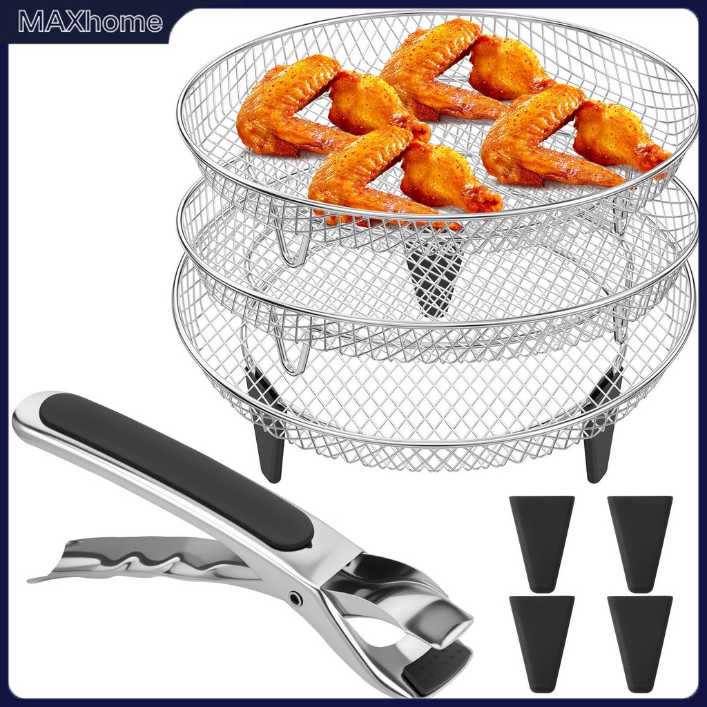 3 ชิ้น Air Fryer อุปกรณ์เสริม Stackable Air Fryer ตะกร้าสแตนเลสรอบ Air Fryer Rack เหมาะกับ 4.2-5.8 Q