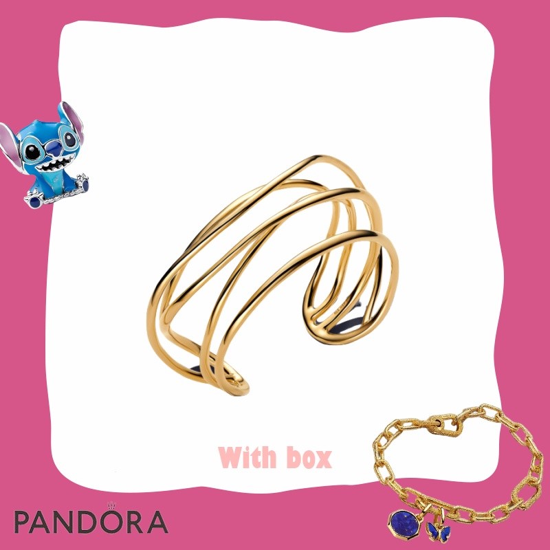 พร้อมกล่องFashion Design Gift Women Jewelry S925 Sterling Silver PANDORA / กําไลข้อมือเปิดแบบมีสายรู