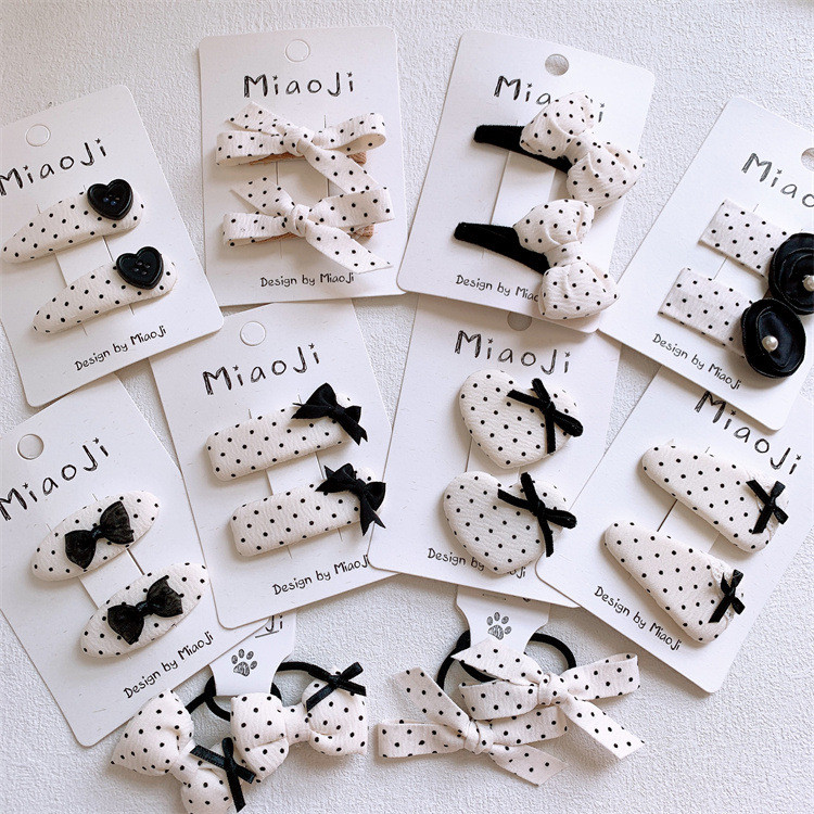 กิ๊บติดผมโบว์ลายจุดสีดําสีขาวเครื่องประดับผมเด็กผู้หญิง