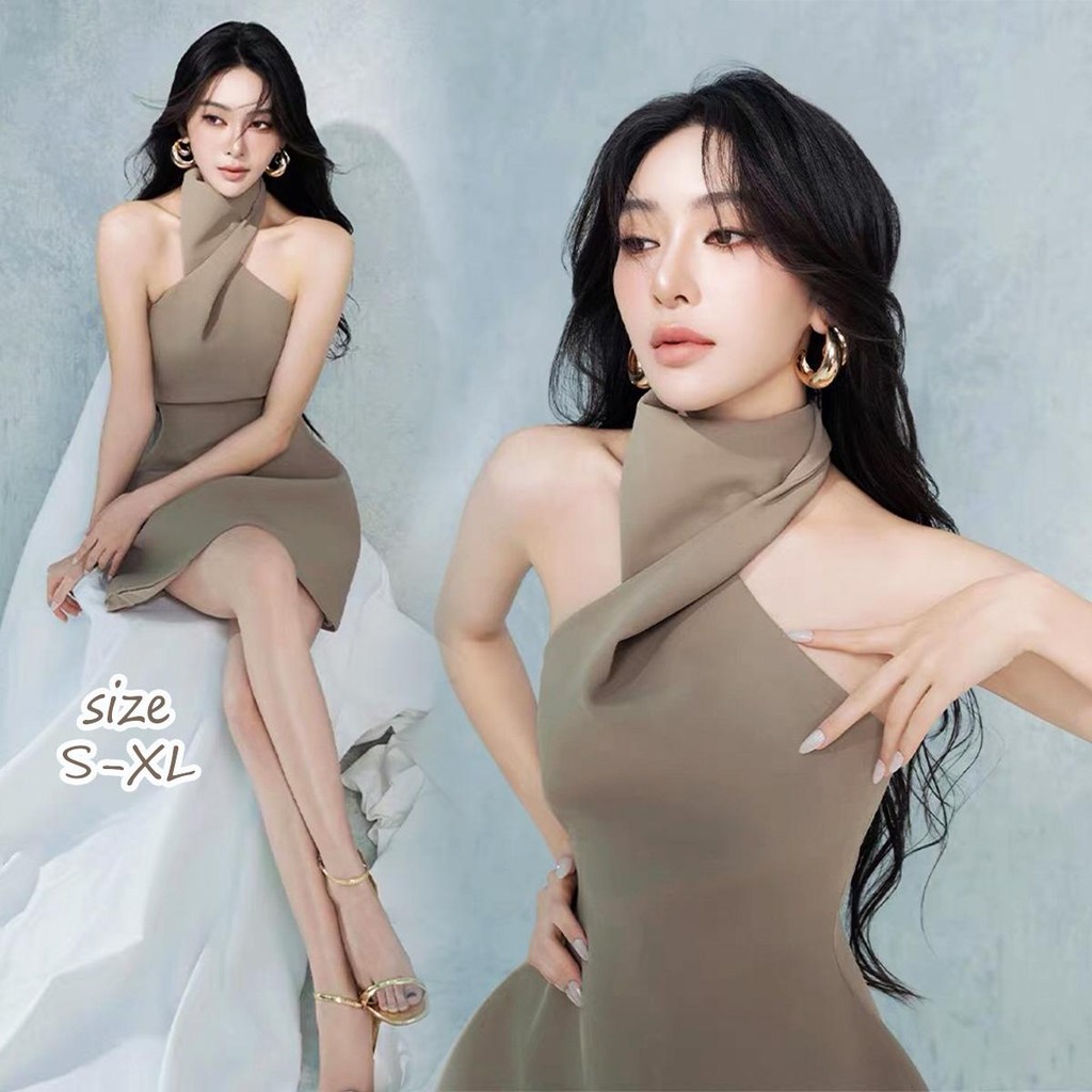 Chili Koko ชุดเดรสทรงเอคอเปิดไหล่ช่วงฤดูร้อน ชุดเดรสสีพื้นทรงไม่สม่ำเสมอสไตล์ฝรั่งเศส 99059