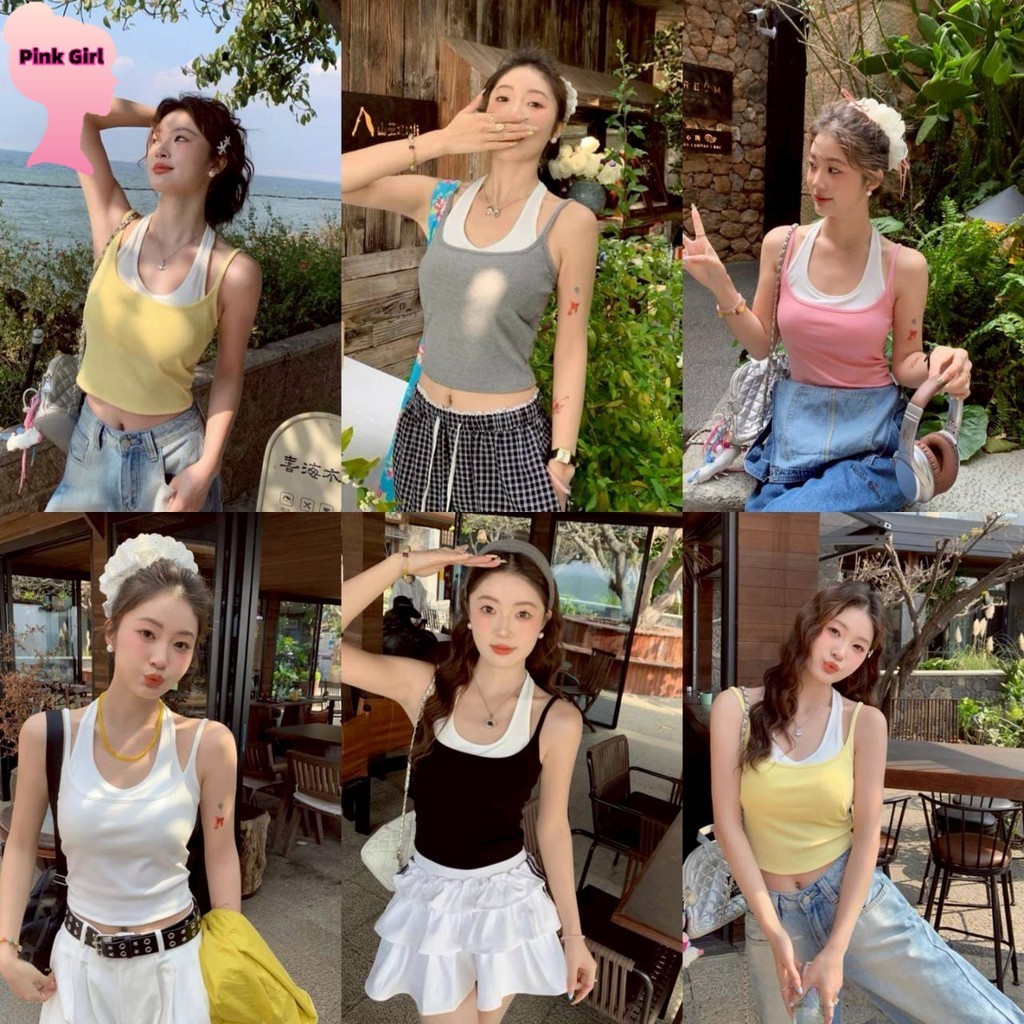 💋Pink girl💋​พร้อมส่ง มีฟอฃน้ำ เสื้อกล้าม แต่งสายเดี่ยวเพิ่ม สีพาสเทล ' FY1841