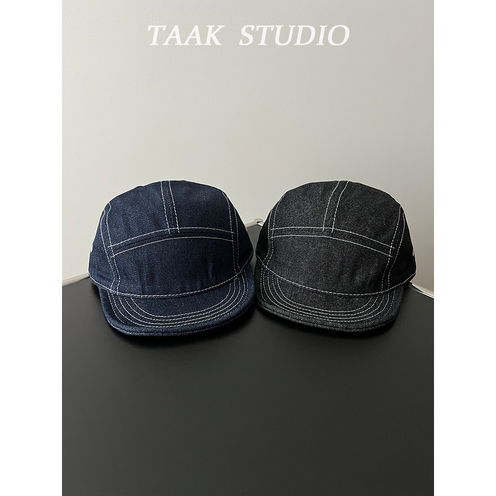 Ami Khaji American-สไตล์ Washed Denim Tooling 5 แผงหมวกผู้หญิงฤดูร้อนAll-match Retroแขนสั้นเบสบอลหมวกแฟชั่นผู้ชาย