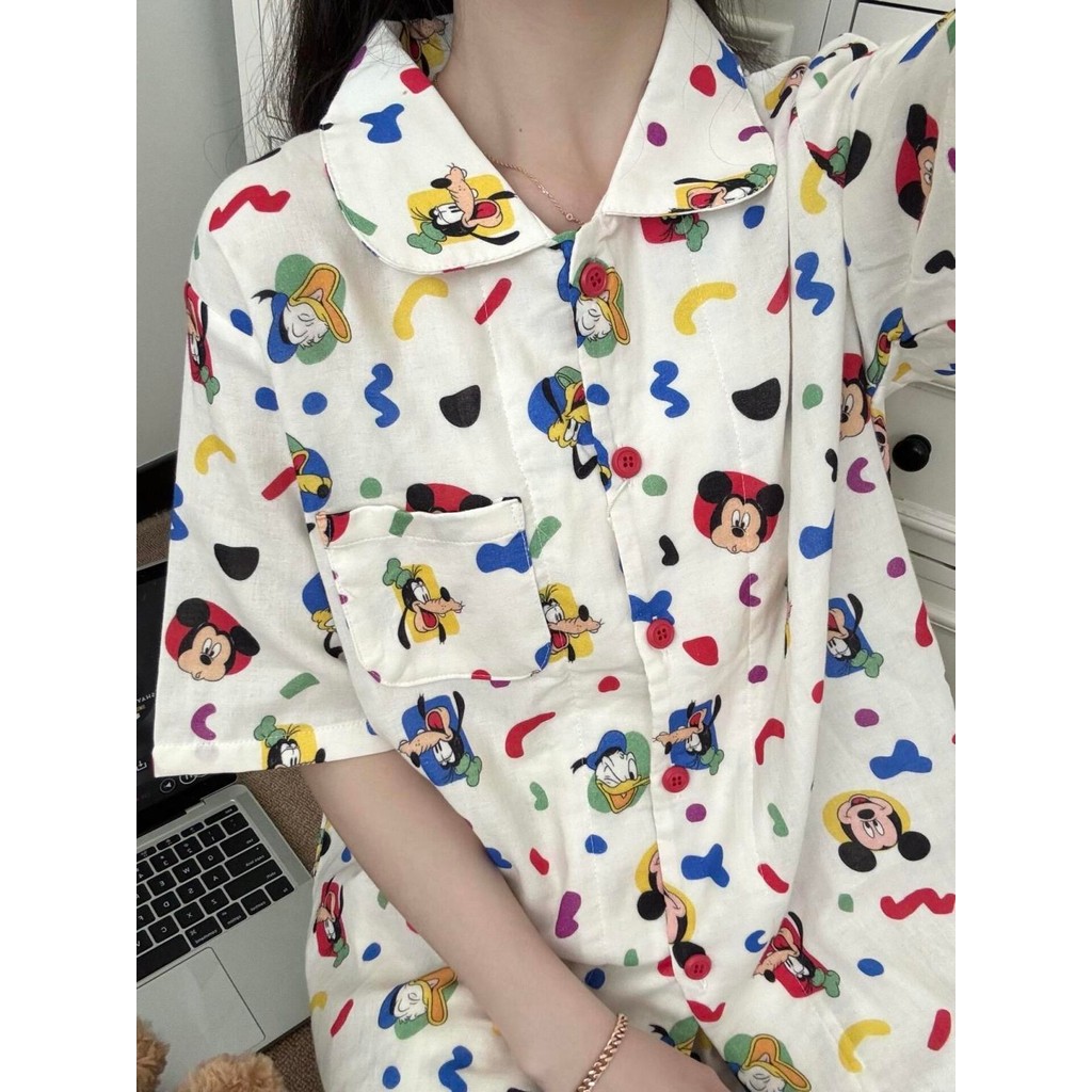 ใหม่สไตล์ชุดนอนผ้าไหมน่ารักมิกกี้พิมพ์สาว ชุดบ้าน กางเกงขาสั้นแขนสั้นผ้าระดับไฮเอนด์นุ่มสบาย