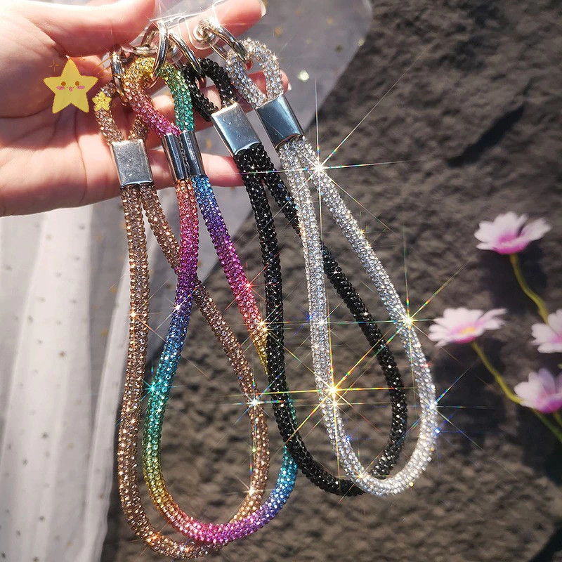 โทรศัพท์มือถือคริสตัลสายรัดข้อมือ Glitter Rhinestone โทรศัพท์ Lanyard พวงกุญแจแขวนเชือกป้องกันการสูญหาย
