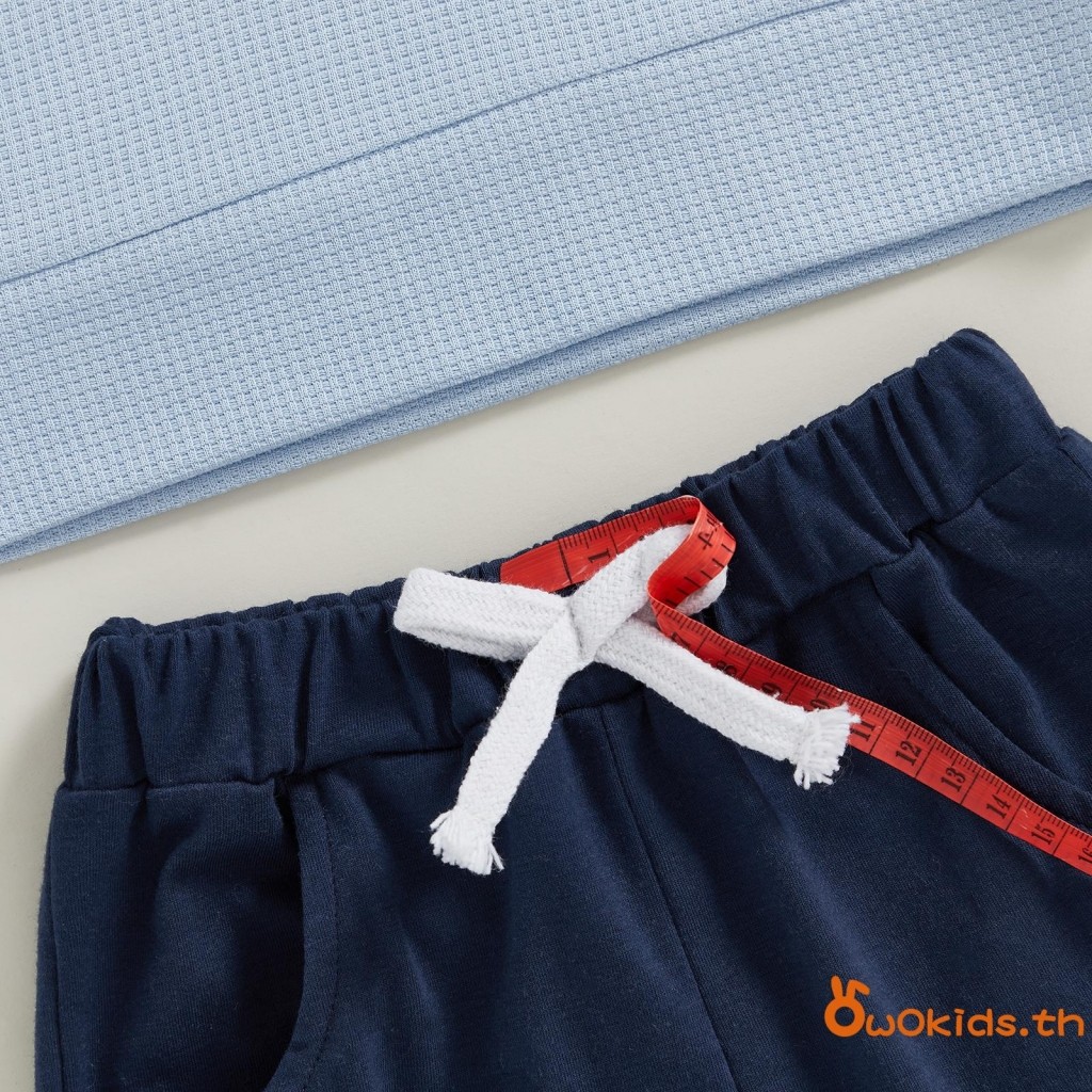 Toddler Boys ชุดฤดูร้อนสีทึบซิปอัพแขนสั้นวาฟเฟิลท็อปส์กางเกงขาสั้นเอวยางยืด 2 ชิ้นชุดเสื้อผ้า - รูปที่ 6