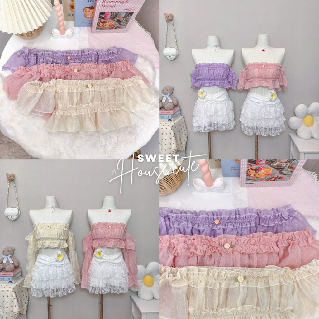 SweetHouse #586 (มีสีใหม่)   ชุดเซตเสื้อปาดไหล่+ กระโปรง เสื้อผ้า rossy (ผ้าบาง) กระโปรงลูกไม้ฉ่ำทั้งตัวน่ารักมากก – โปรปัง