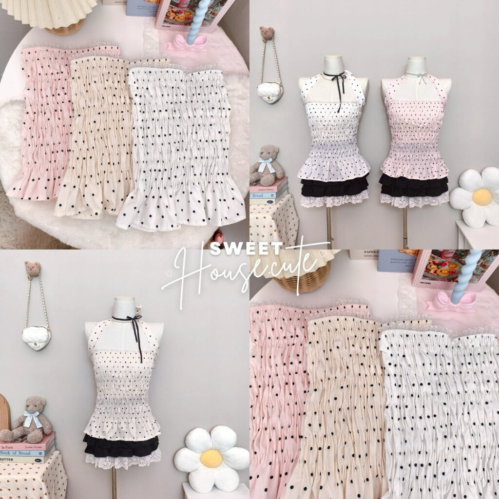 🧸 Sweethouse #602 🌻 เสื้อเกาะอกผูกคอลาย polkadot ยอดฮิตเสื้อสมอคทั้งตัวพลางหุ่นสุดด