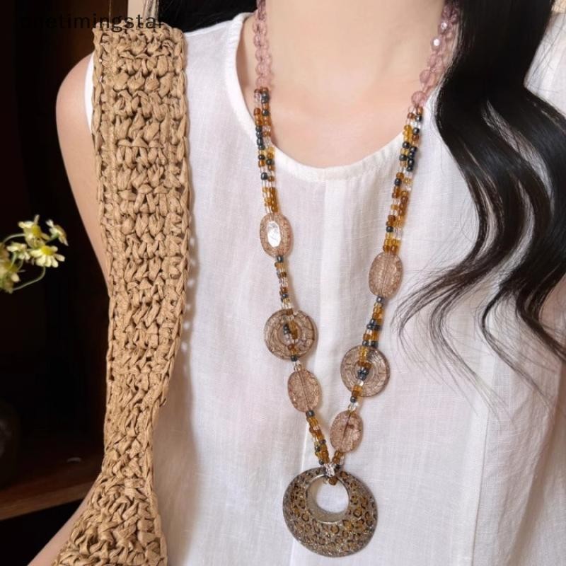 Onetimingstar ชาติพันธุ์ Sle รอบเรซิ่นเสือดาวเสื้อกันหนาวยาวสร้อยคอ Retro จี้คริสตัลหญิงเครื่องประดั