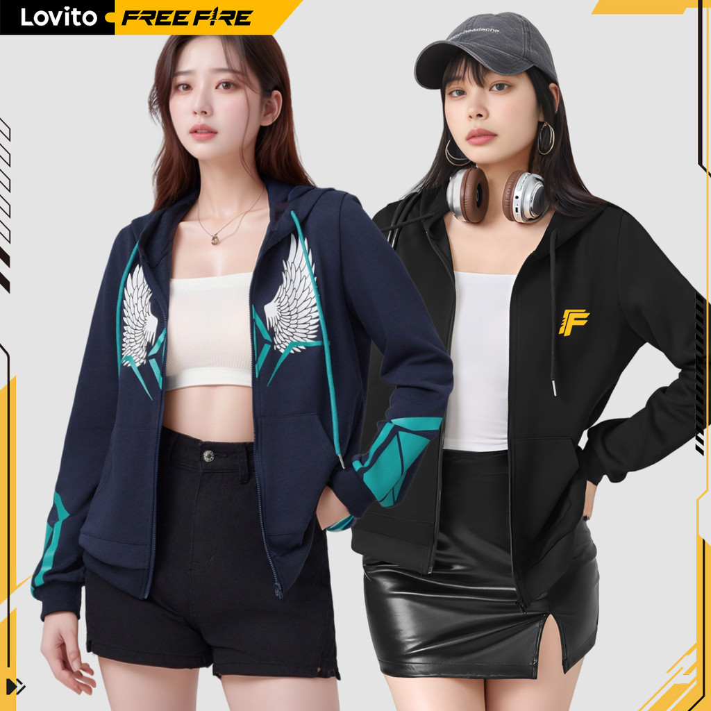 LOVITO X FREE FIRE เสื้อสเวตเตอร์ซิปลายตัวอักษรลําลองสําหรับผู้หญิง LFFB1FF002