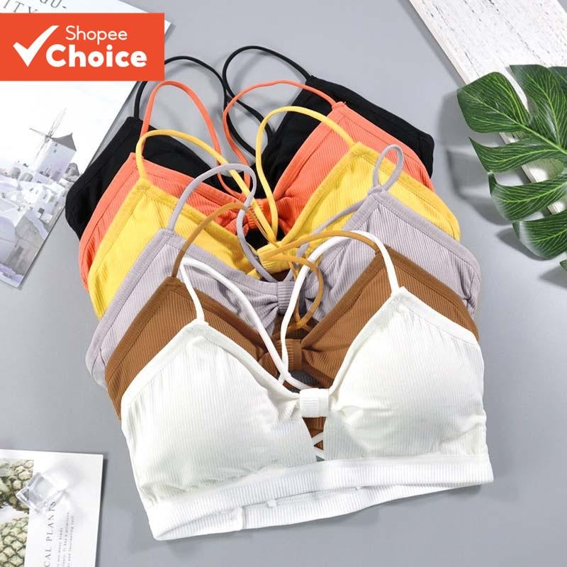 Korean Chic Ribbed Bralette With Bow Detail Crisscross Back ชุดชั้นในสําหรับทุกวัน Comfort